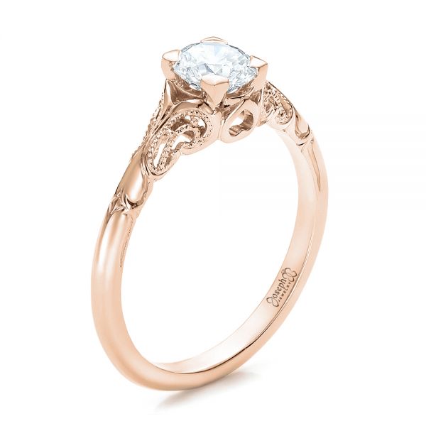 14k Rose Gold 14k Rose Gold Custom Hand Engraved Diamond Solitaire Engagement Ring - Three-Quarter View -  100700