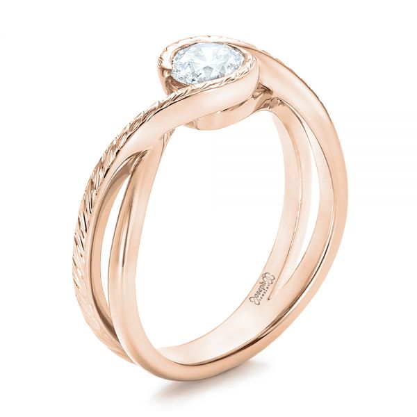 14k Rose Gold 14k Rose Gold Custom Hand Engraved Diamond Solitaire Engagement Ring - Three-Quarter View - 100791