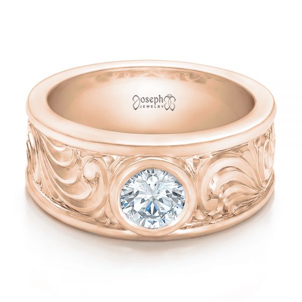 18k Rose Gold 18k Rose Gold Custom Hand Engraved Diamond Solitaire Engagement Ring - Flat View - 100655