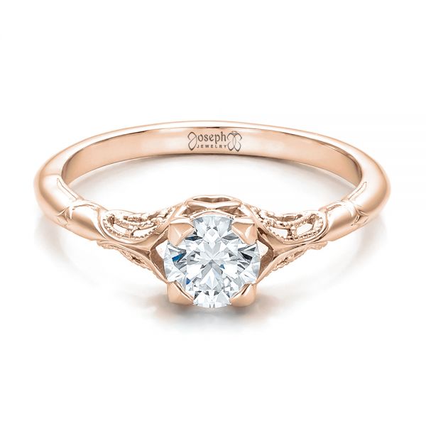 14k Rose Gold 14k Rose Gold Custom Hand Engraved Diamond Solitaire Engagement Ring - Flat View -  100700