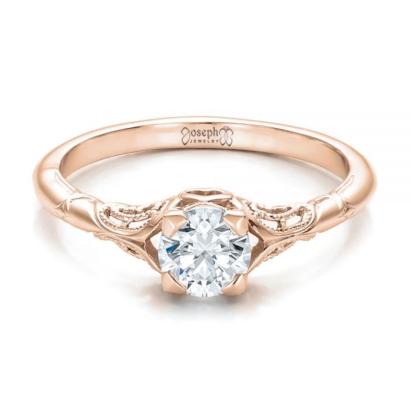 14k Rose Gold 14k Rose Gold Custom Hand Engraved Diamond Solitaire Engagement Ring - Flat View - 100700