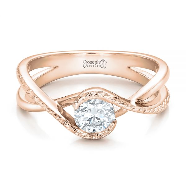 14k Rose Gold 14k Rose Gold Custom Hand Engraved Diamond Solitaire Engagement Ring - Flat View -  100791