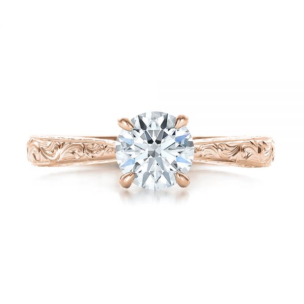 18k Rose Gold 18k Rose Gold Custom Hand Engraved Diamond Solitaire Engagement Ring - Top View -  100608