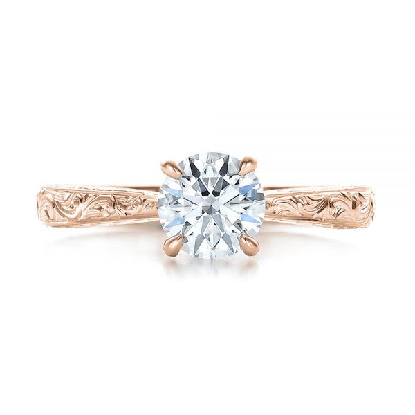 18k Rose Gold 18k Rose Gold Custom Hand Engraved Diamond Solitaire Engagement Ring - Top View - 100608
