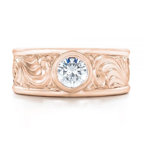 18k Rose Gold 18k Rose Gold Custom Hand Engraved Diamond Solitaire Engagement Ring - Top View - 100655