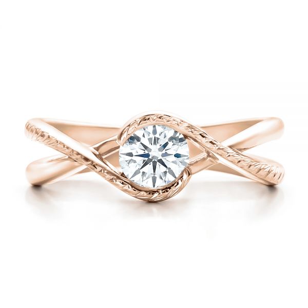 14k Rose Gold 14k Rose Gold Custom Hand Engraved Diamond Solitaire Engagement Ring - Top View - 100791
