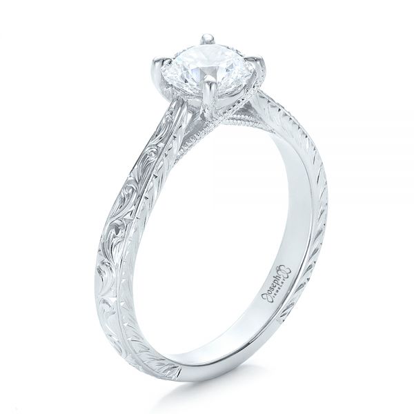 Custom Hand Engraved Diamond Solitaire Engagement Ring - Image