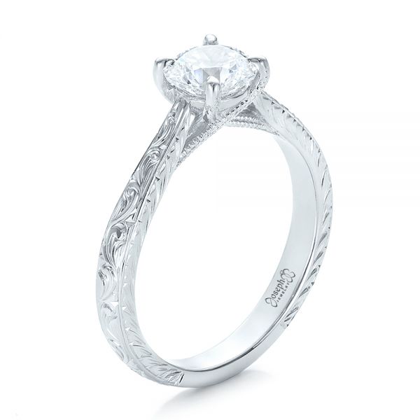  Platinum Platinum Custom Hand Engraved Diamond Solitaire Engagement Ring - Three-Quarter View -  100608