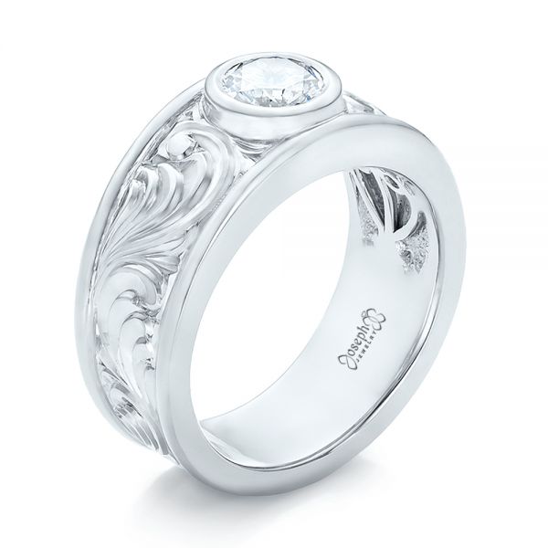 14k White Gold 14k White Gold Custom Hand Engraved Diamond Solitaire Engagement Ring - Three-Quarter View - 100655