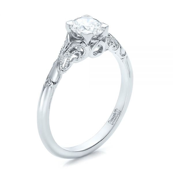 18k White Gold 18k White Gold Custom Hand Engraved Diamond Solitaire Engagement Ring - Three-Quarter View -  100700