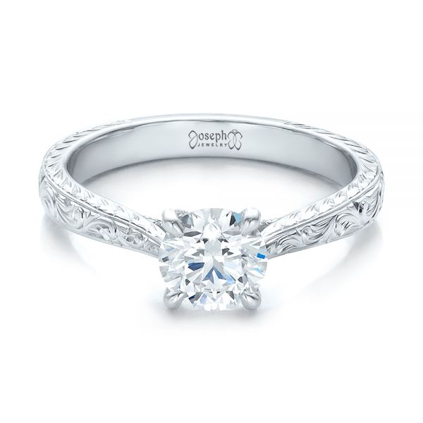  Platinum Platinum Custom Hand Engraved Diamond Solitaire Engagement Ring - Flat View -  100608
