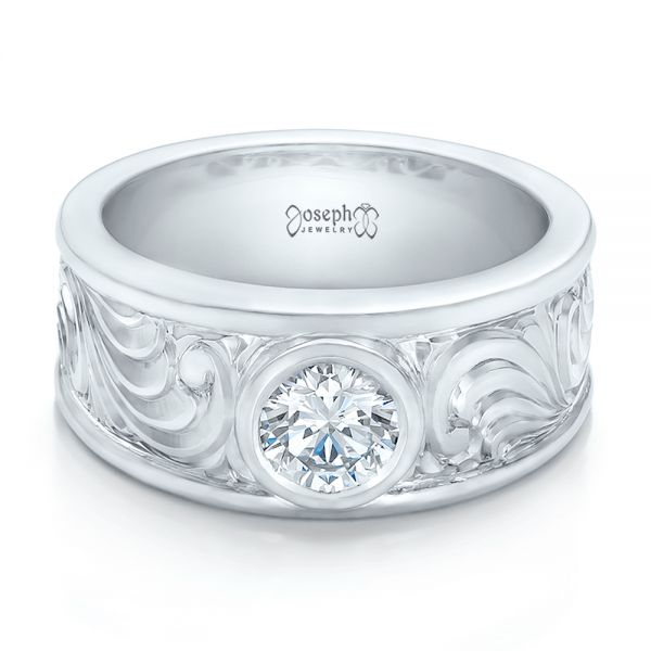 18k White Gold 18k White Gold Custom Hand Engraved Diamond Solitaire Engagement Ring - Flat View -  100655