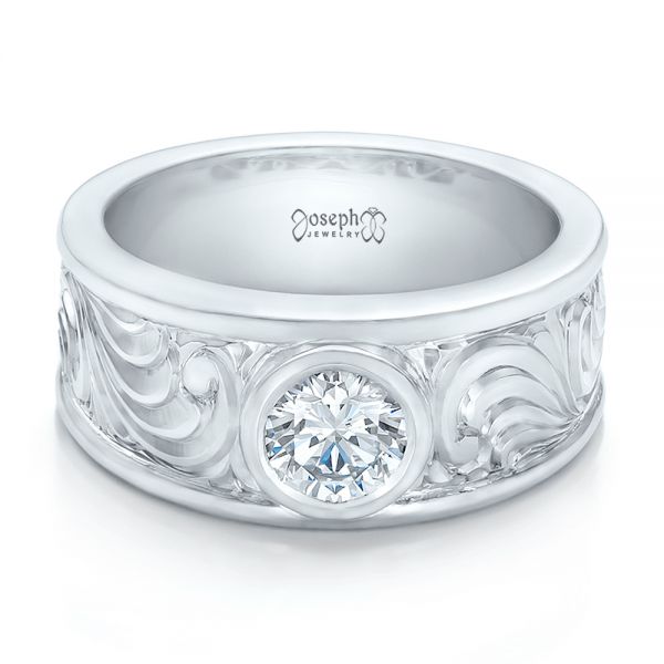 14k White Gold 14k White Gold Custom Hand Engraved Diamond Solitaire Engagement Ring - Flat View - 100655