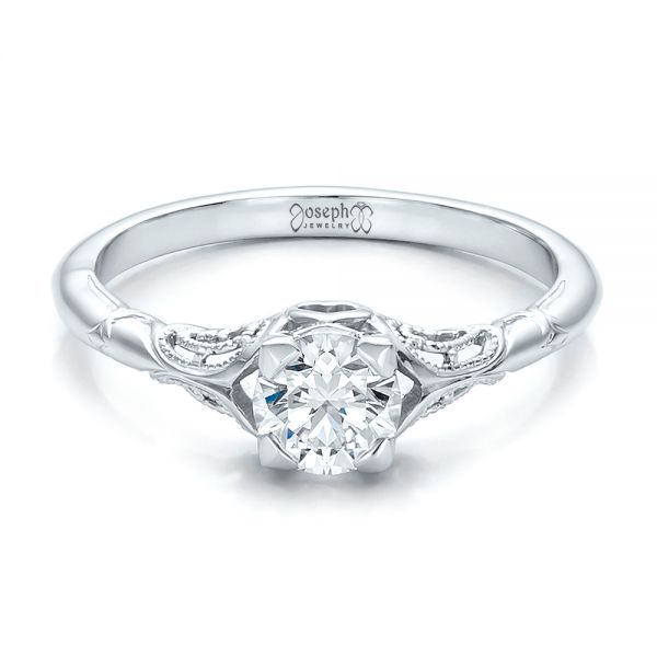 14k White Gold Custom Hand Engraved Diamond Solitaire Engagement Ring - Flat View -  100700
