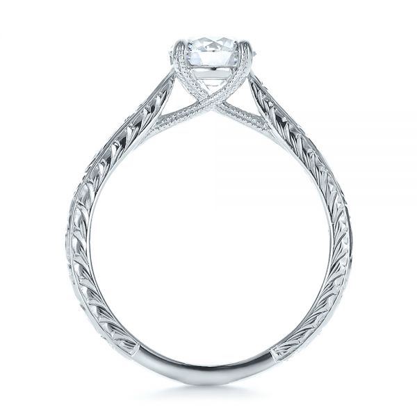 14k White Gold 14k White Gold Custom Hand Engraved Diamond Solitaire Engagement Ring - Front View -  100608