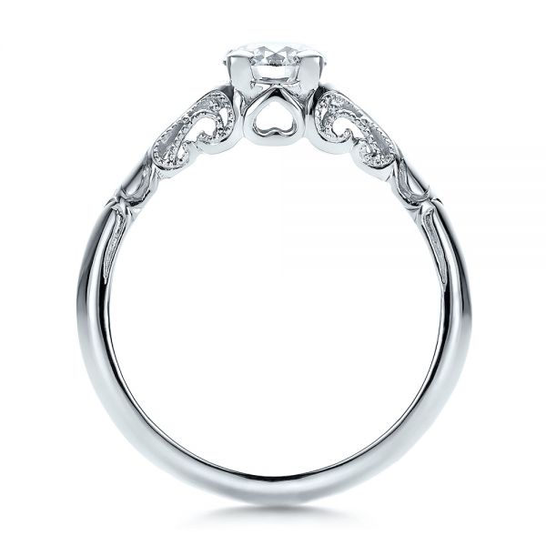 14k White Gold Custom Hand Engraved Diamond Solitaire Engagement Ring - Front View -  100700