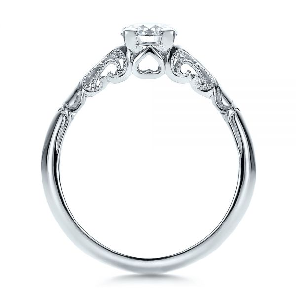 14k White Gold Custom Hand Engraved Diamond Solitaire Engagement Ring - Front View - 100700