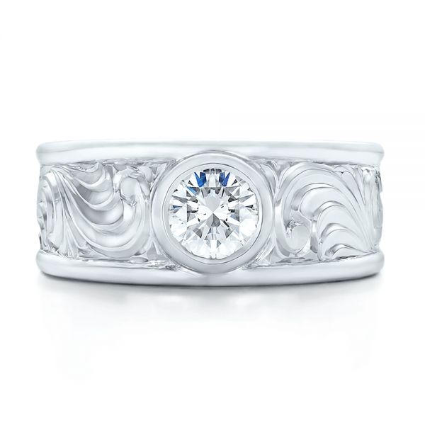 14k White Gold 14k White Gold Custom Hand Engraved Diamond Solitaire Engagement Ring - Top View - 100655