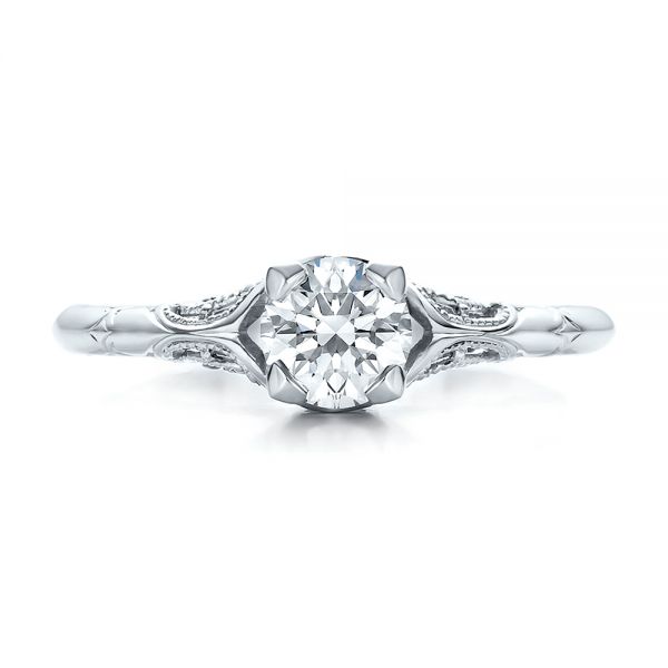 14k White Gold Custom Hand Engraved Diamond Solitaire Engagement Ring - Top View -  100700