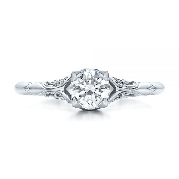 14k White Gold Custom Hand Engraved Diamond Solitaire Engagement Ring - Top View - 100700