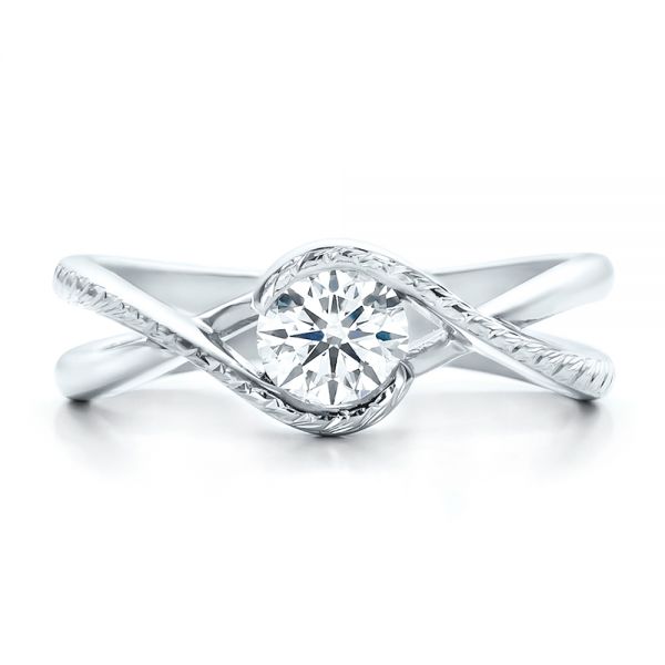 14k White Gold 14k White Gold Custom Hand Engraved Diamond Solitaire Engagement Ring - Top View -  100791