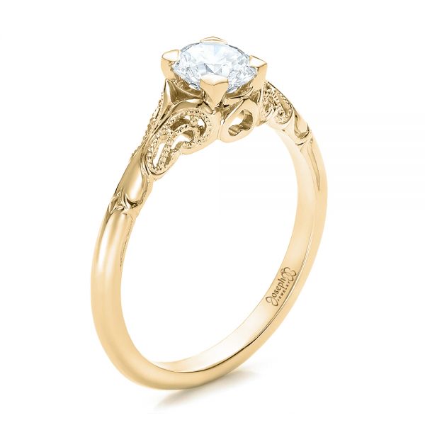 14k Yellow Gold 14k Yellow Gold Custom Hand Engraved Diamond Solitaire Engagement Ring - Three-Quarter View -  100700