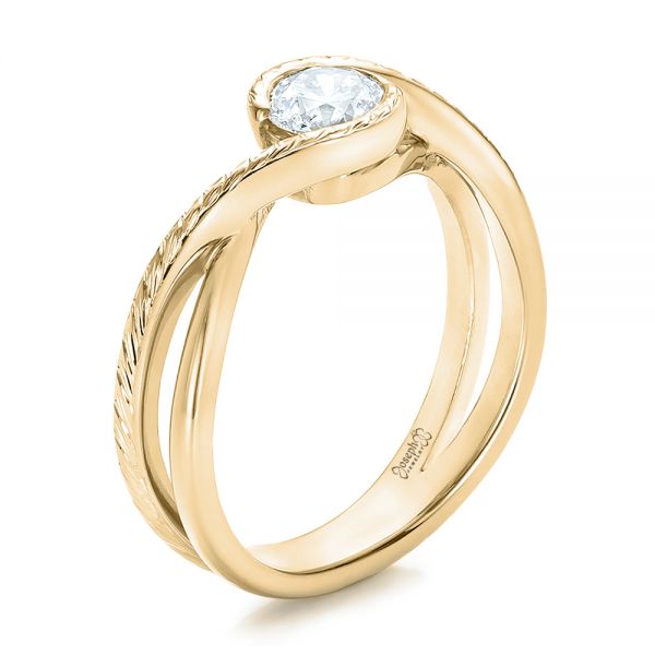 14k Yellow Gold 14k Yellow Gold Custom Hand Engraved Diamond Solitaire Engagement Ring - Three-Quarter View -  100791
