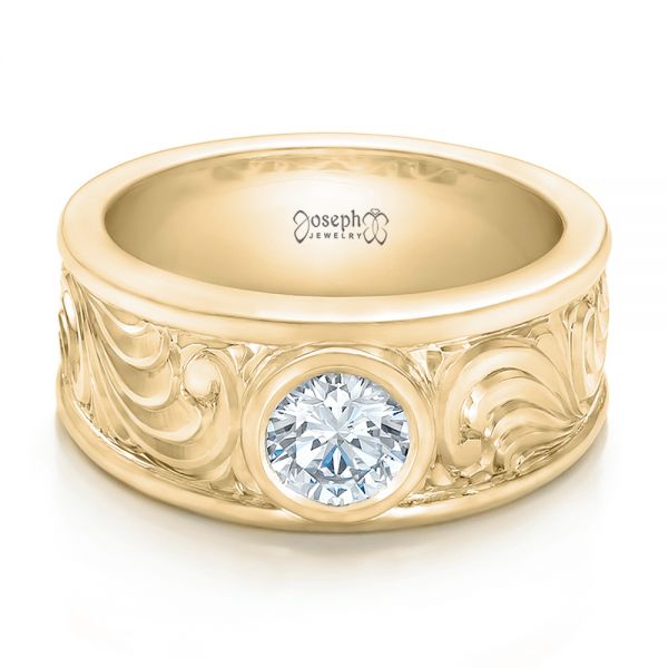 14k Yellow Gold 14k Yellow Gold Custom Hand Engraved Diamond Solitaire Engagement Ring - Flat View - 100655