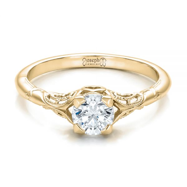 14k Yellow Gold 14k Yellow Gold Custom Hand Engraved Diamond Solitaire Engagement Ring - Flat View -  100700