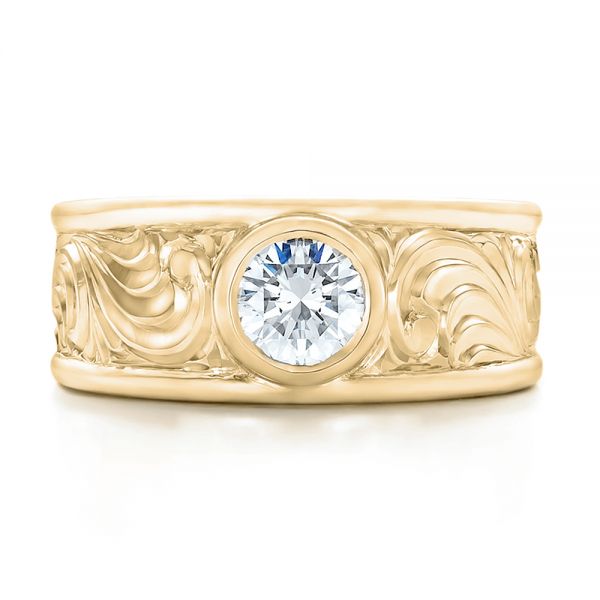 14k Yellow Gold 14k Yellow Gold Custom Hand Engraved Diamond Solitaire Engagement Ring - Top View - 100655