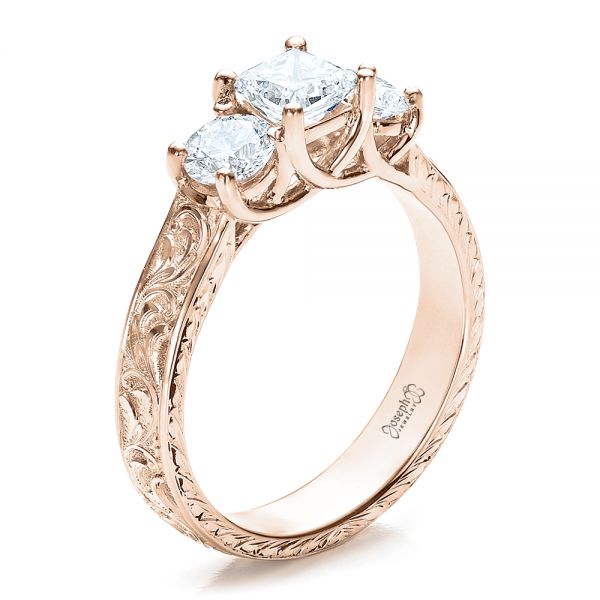 18k Rose Gold 18k Rose Gold Custom Hand Engraved Engagement Ring - Three-Quarter View -  100115