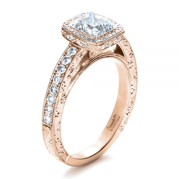 14k Rose Gold 14k Rose Gold Custom Hand Engraved Engagement Ring - Three-Quarter View -  1413