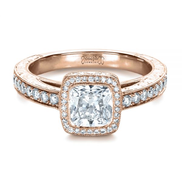 18k Rose Gold 18k Rose Gold Custom Hand Engraved Engagement Ring - Flat View -  1413