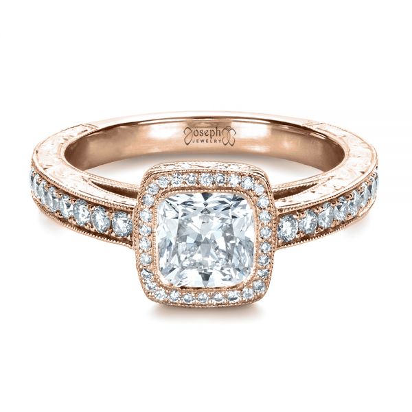 18k Rose Gold 18k Rose Gold Custom Hand Engraved Engagement Ring - Flat View - 1413