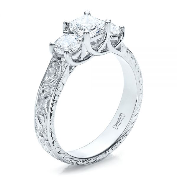 14k White Gold 14k White Gold Custom Hand Engraved Engagement Ring - Three-Quarter View -  100115