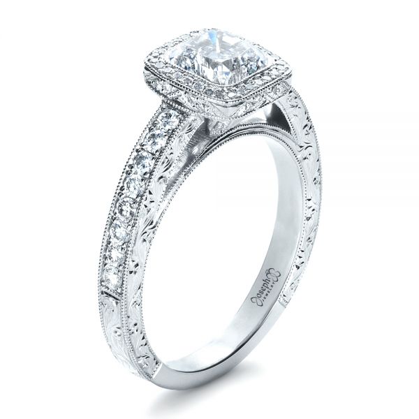 14k White Gold 14k White Gold Custom Hand Engraved Engagement Ring - Three-Quarter View -  1413