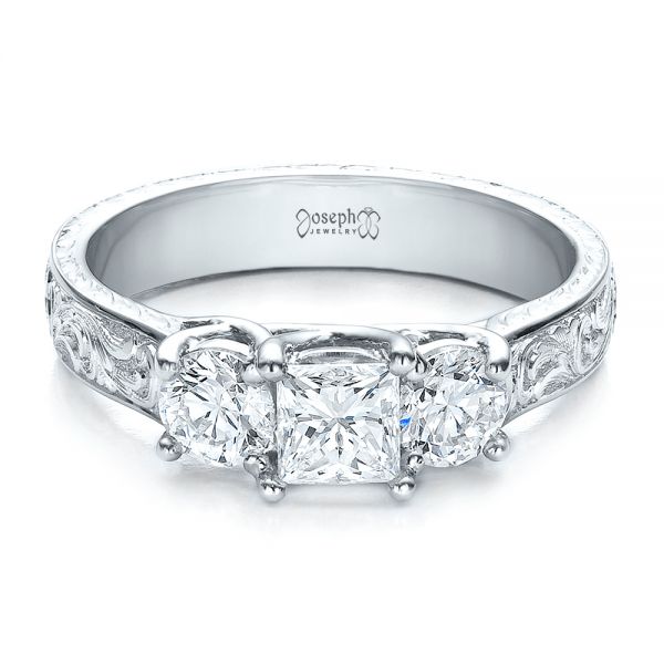  Platinum Custom Hand Engraved Engagement Ring - Flat View -  100115