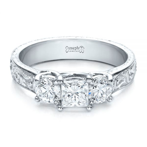 14k White Gold 14k White Gold Custom Hand Engraved Engagement Ring - Flat View - 100115