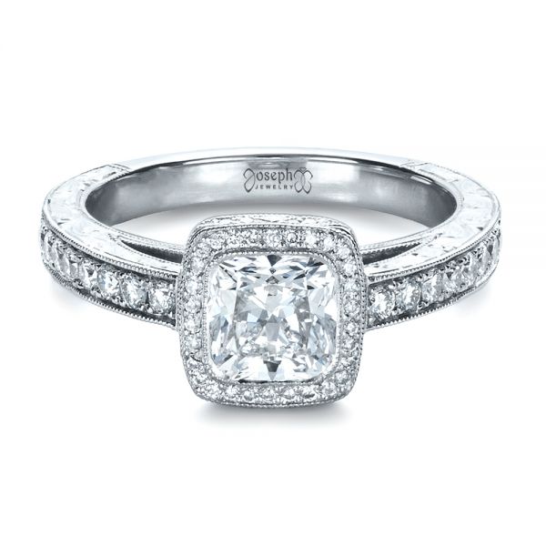 18k White Gold 18k White Gold Custom Hand Engraved Engagement Ring - Flat View -  1413