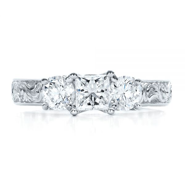 18k White Gold 18k White Gold Custom Hand Engraved Engagement Ring - Top View -  100115