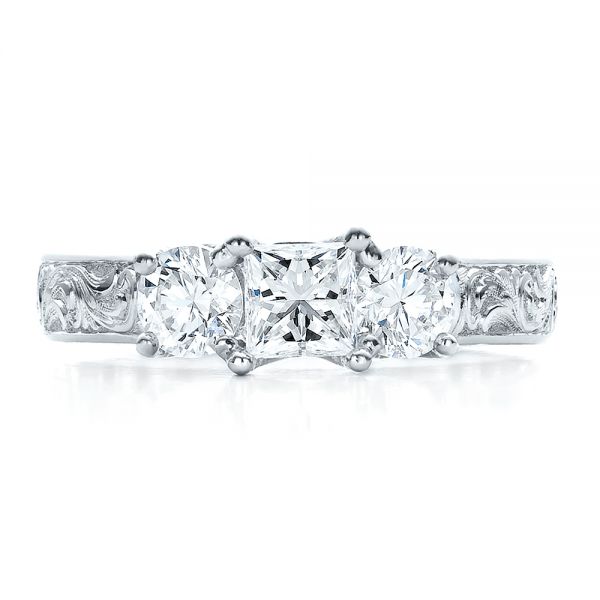 14k White Gold 14k White Gold Custom Hand Engraved Engagement Ring - Top View - 100115