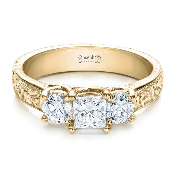 14k Yellow Gold 14k Yellow Gold Custom Hand Engraved Engagement Ring - Flat View - 100115