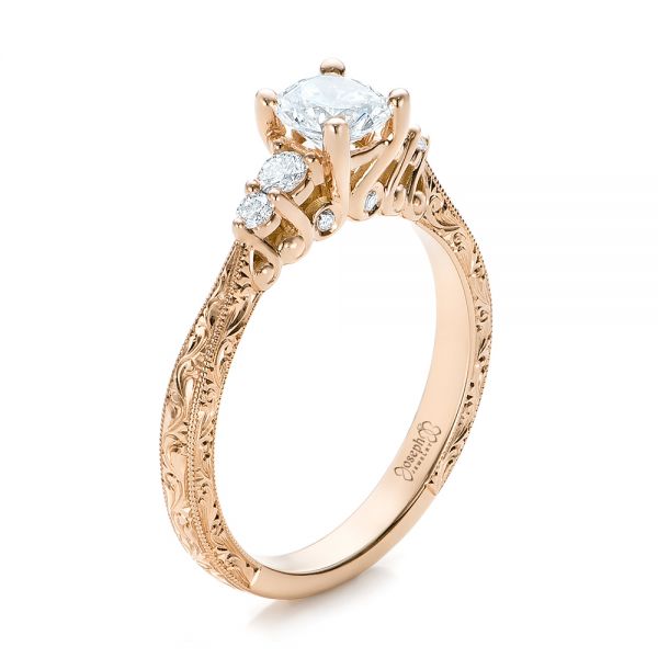 14k Rose Gold Custom Hand Engraved Diamond Engagement Ring - Three-Quarter View -  101285