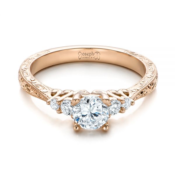 14k Rose Gold Custom Hand Engraved Diamond Engagement Ring - Flat View - 101285