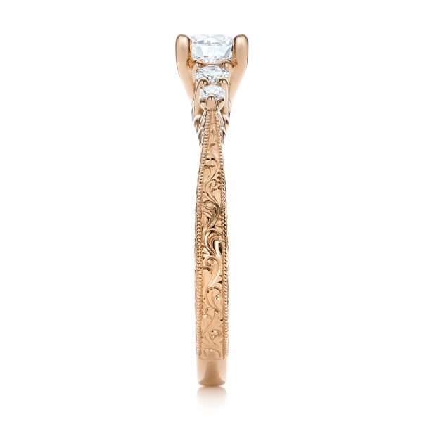 14k Rose Gold Custom Hand Engraved Diamond Engagement Ring - Side View - 101285