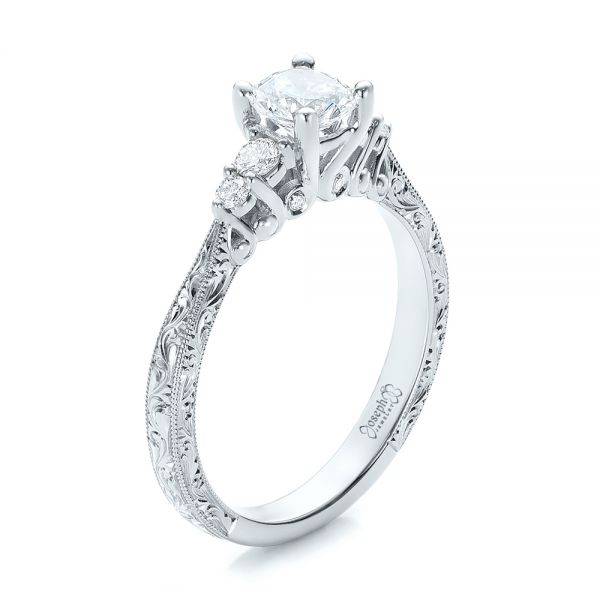 18k White Gold 18k White Gold Custom Hand Engraved Diamond Engagement Ring - Three-Quarter View -  101285