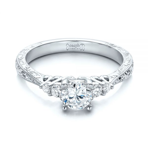 18k White Gold 18k White Gold Custom Hand Engraved Diamond Engagement Ring - Flat View -  101285