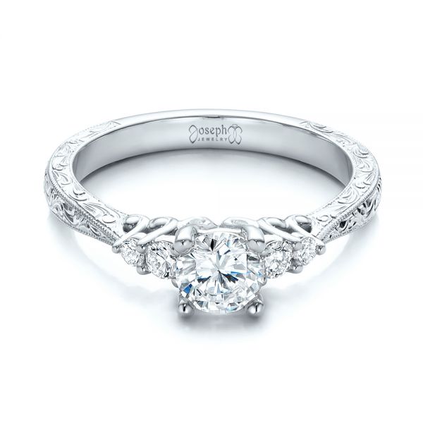 Platinum Platinum Custom Hand Engraved Diamond Engagement Ring - Flat View - 101285
