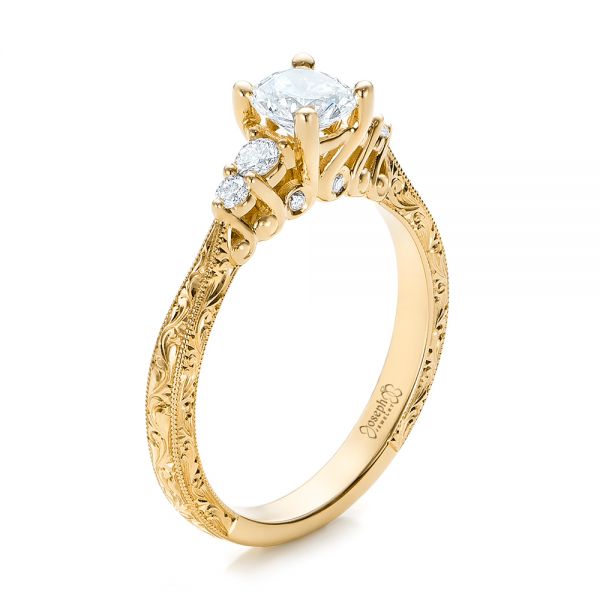 18k Yellow Gold 18k Yellow Gold Custom Hand Engraved Diamond Engagement Ring - Three-Quarter View -  101285