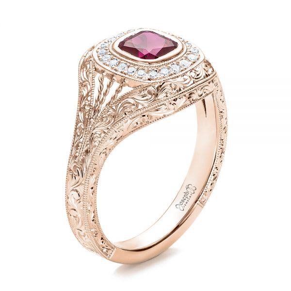 14k Rose Gold 14k Rose Gold Custom Hand Engraved Ruby And Diamond Engagement Ring - Three-Quarter View - 101226